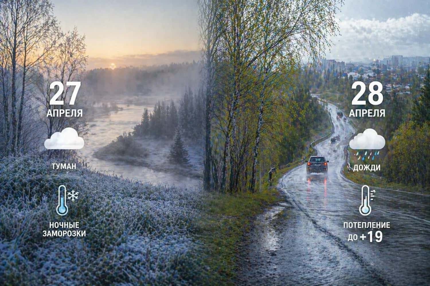 Туман и заморозки до -3 ожидаются в Свердловской области 27-29 апреля 2026
